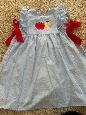 Blue Gingham Ruffle Dress with Apple & pencil Applique